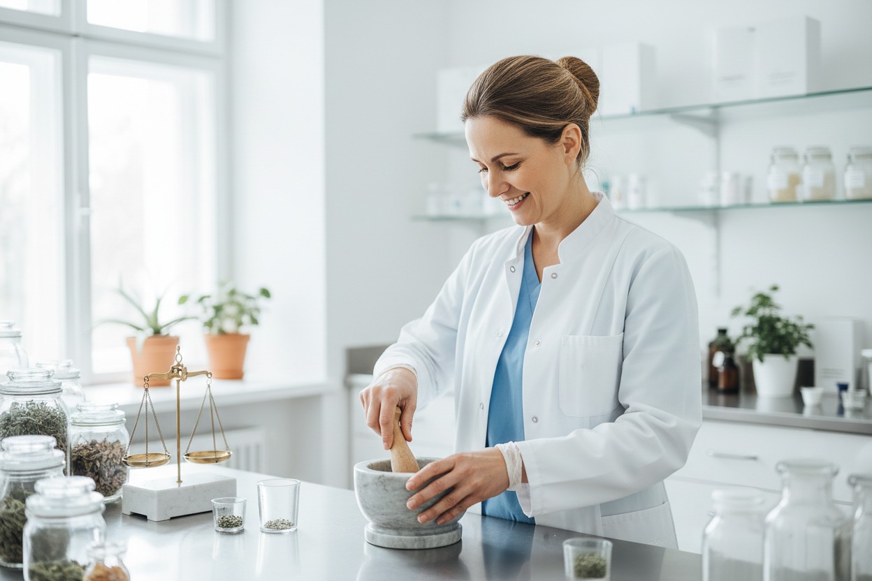 Lékárnice připravuje mast v laboratoři